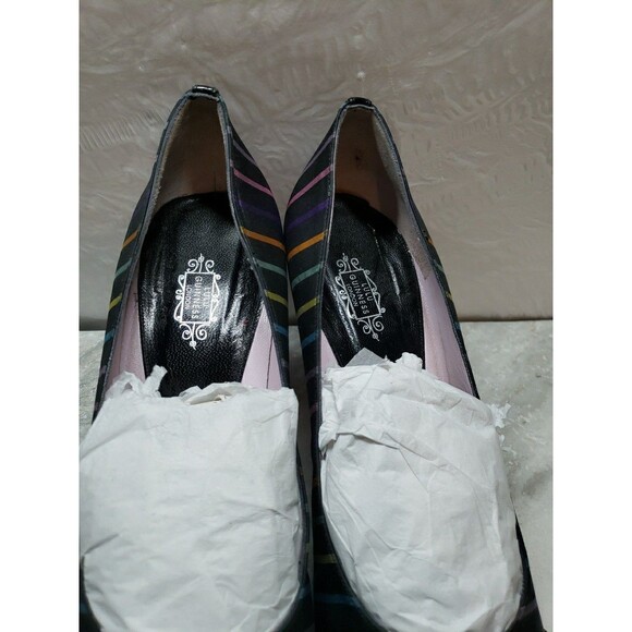 Lulu Guinness London satin pumps multicolor stripe pattern,patent black toe 40.5